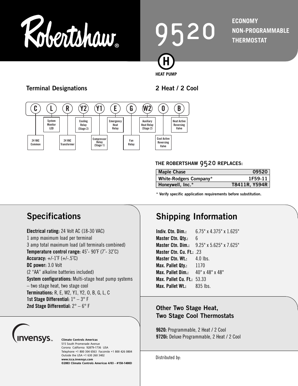 Shipping information, Specifications | Robertshaw 9520 User Manual | Page 2 / 2
