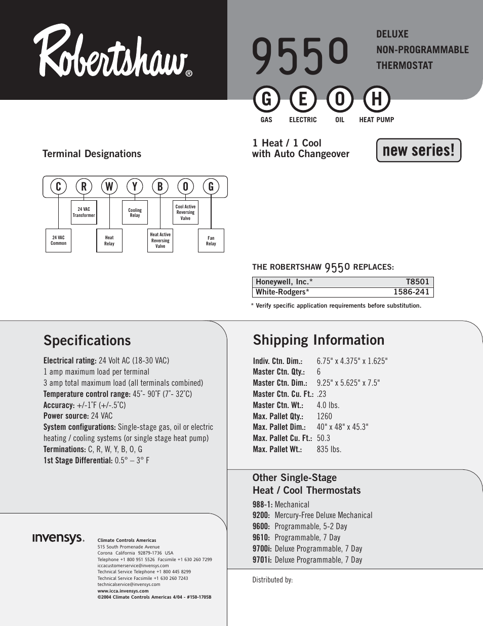 New series, Shipping information, Specifications | Robertshaw 9550 User Manual | Page 2 / 2