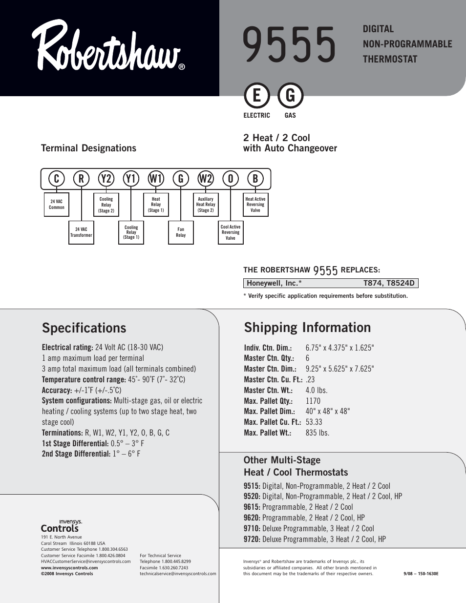 Shipping information, Specifications | Robertshaw 9555 User Manual | Page 2 / 2