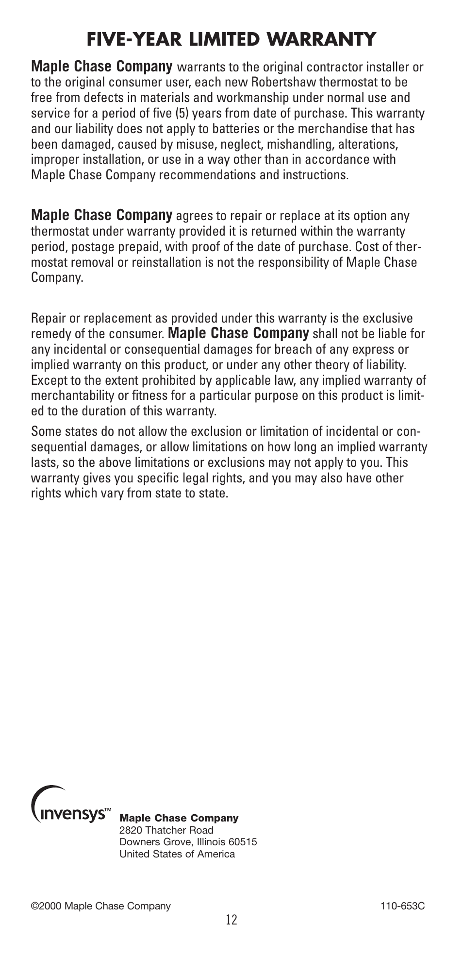 Five-year limited warranty | Robertshaw 9600 User Manual | Page 12 / 12