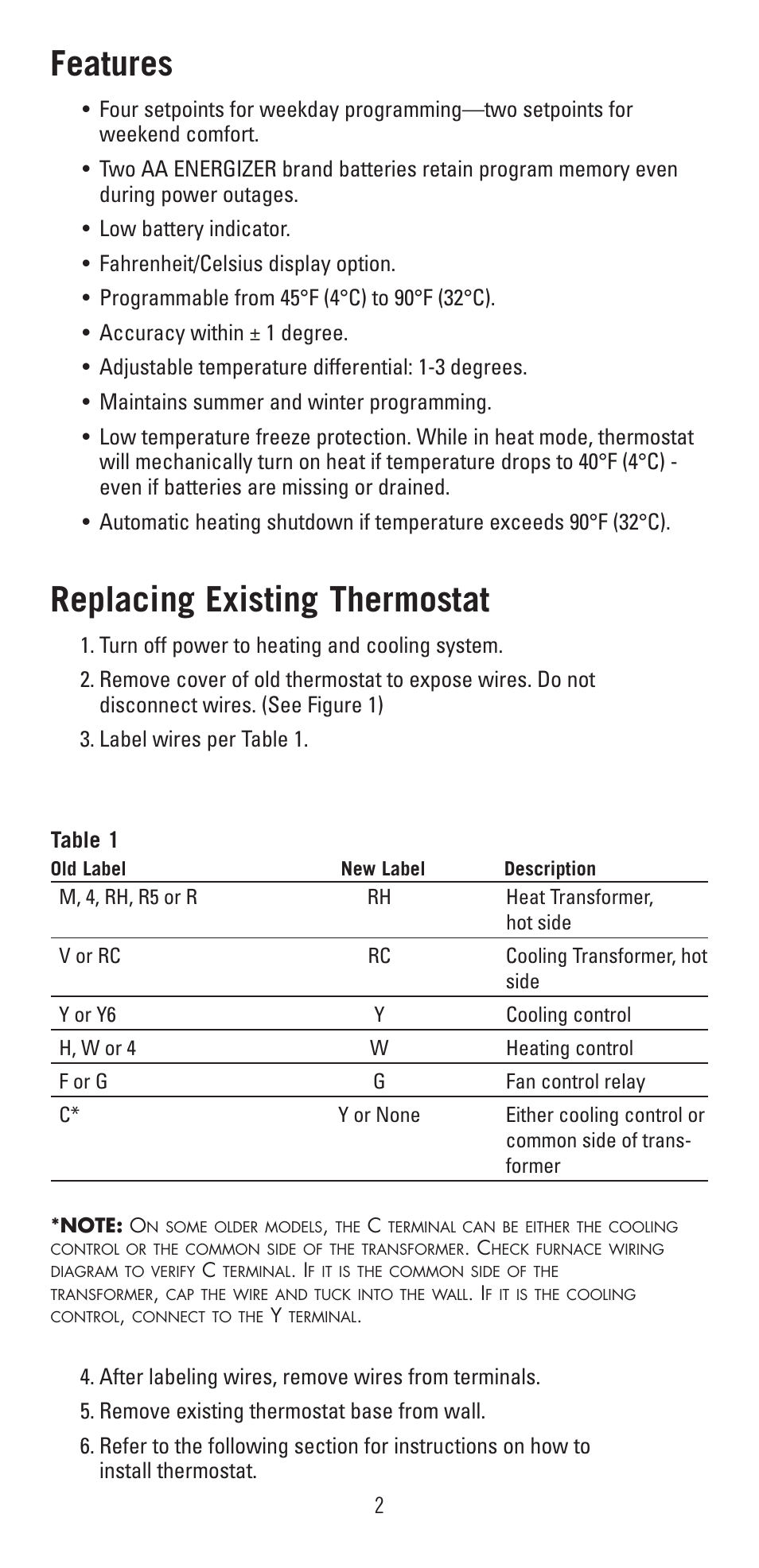 Features, Replacing existing thermostat | Robertshaw 9600 User Manual | Page 2 / 12