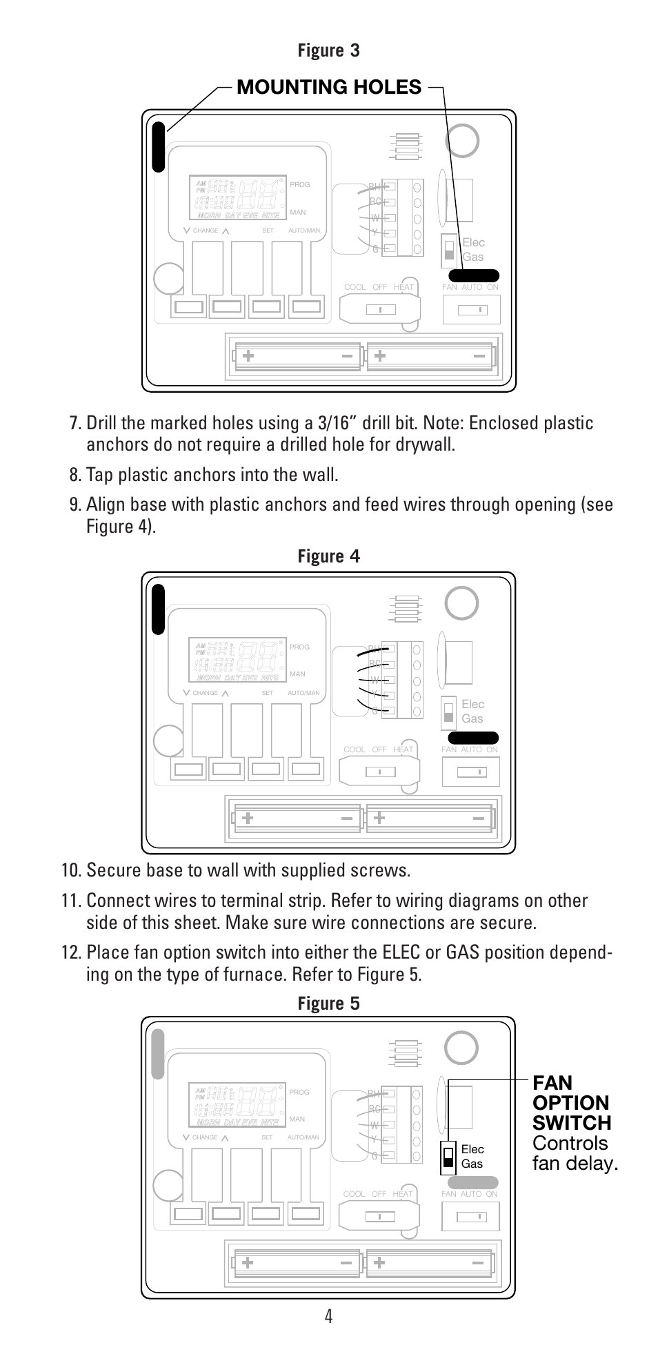 Mounting holes, Fan option switch controls fan delay, Figure 3 | Figure 4, Figure 5 | Robertshaw 9600 User Manual | Page 4 / 12