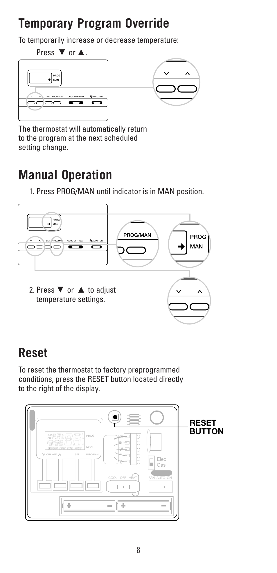 Temporary program override, Manual operation, Reset | Reset button | Robertshaw 9600 User Manual | Page 8 / 12