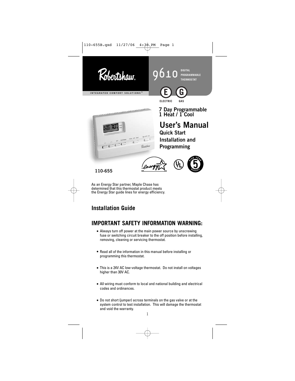 Robertshaw 9610 User Manual | 12 pages