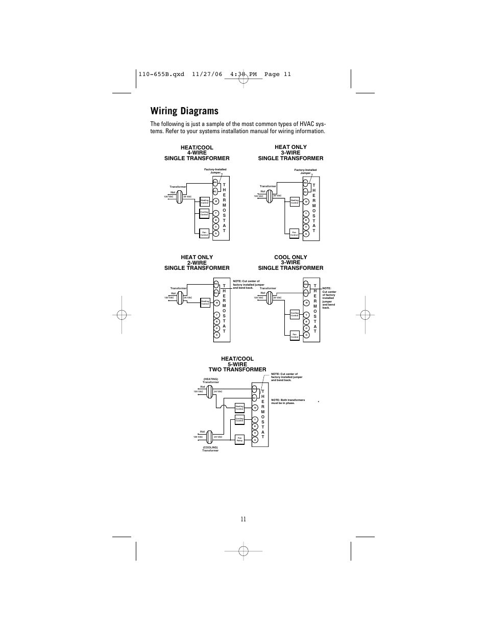 Wiring diagrams, Cool only 3-wire single transformer, Heat/cool 5-wire two transformer | Robertshaw 9610 User Manual | Page 11 / 12