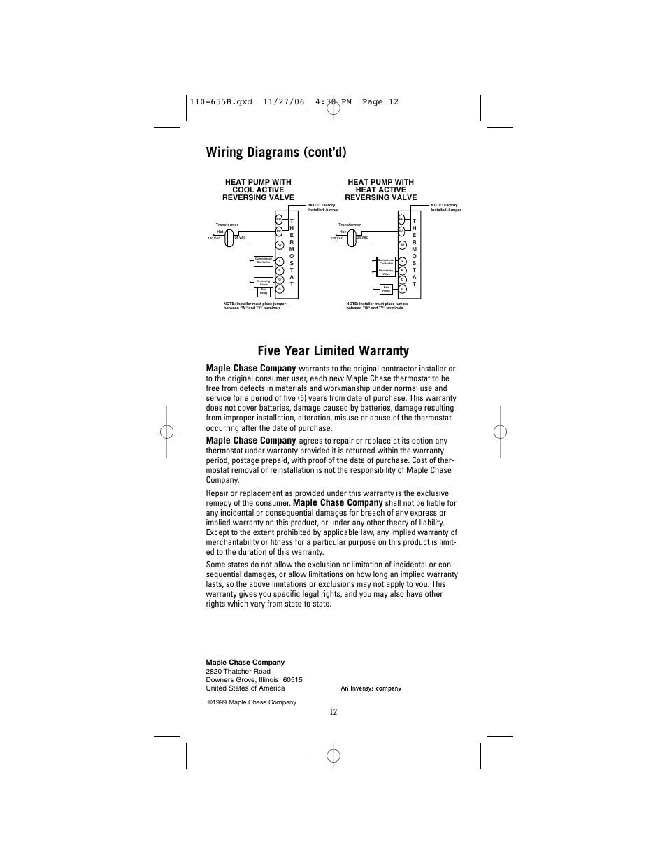 Five year limited warranty, Wiring diagrams (cont’d), Maple chase company | Robertshaw 9610 User Manual | Page 12 / 12