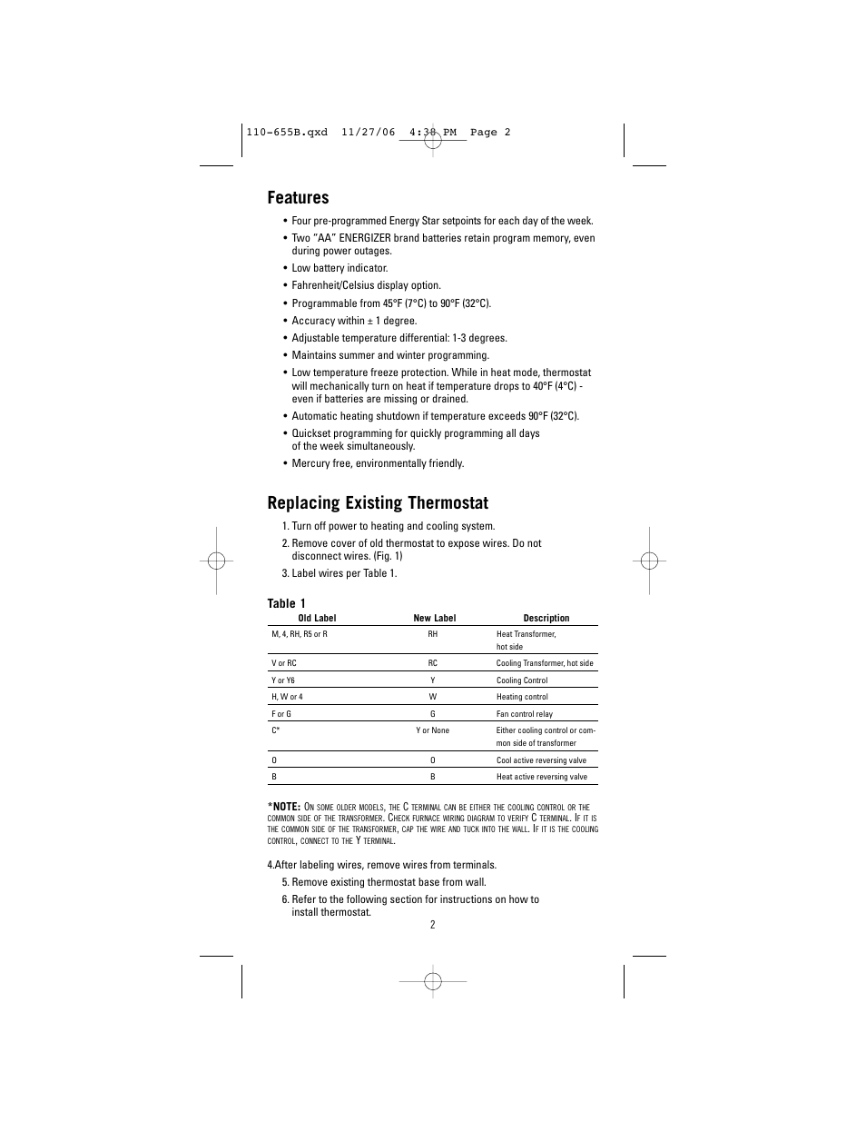 Features, Replacing existing thermostat | Robertshaw 9610 User Manual | Page 2 / 12
