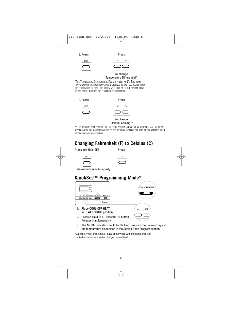Changing fahrenheit (f) to celsius (c), Quickset™ programming mode | Robertshaw 9610 User Manual | Page 6 / 12