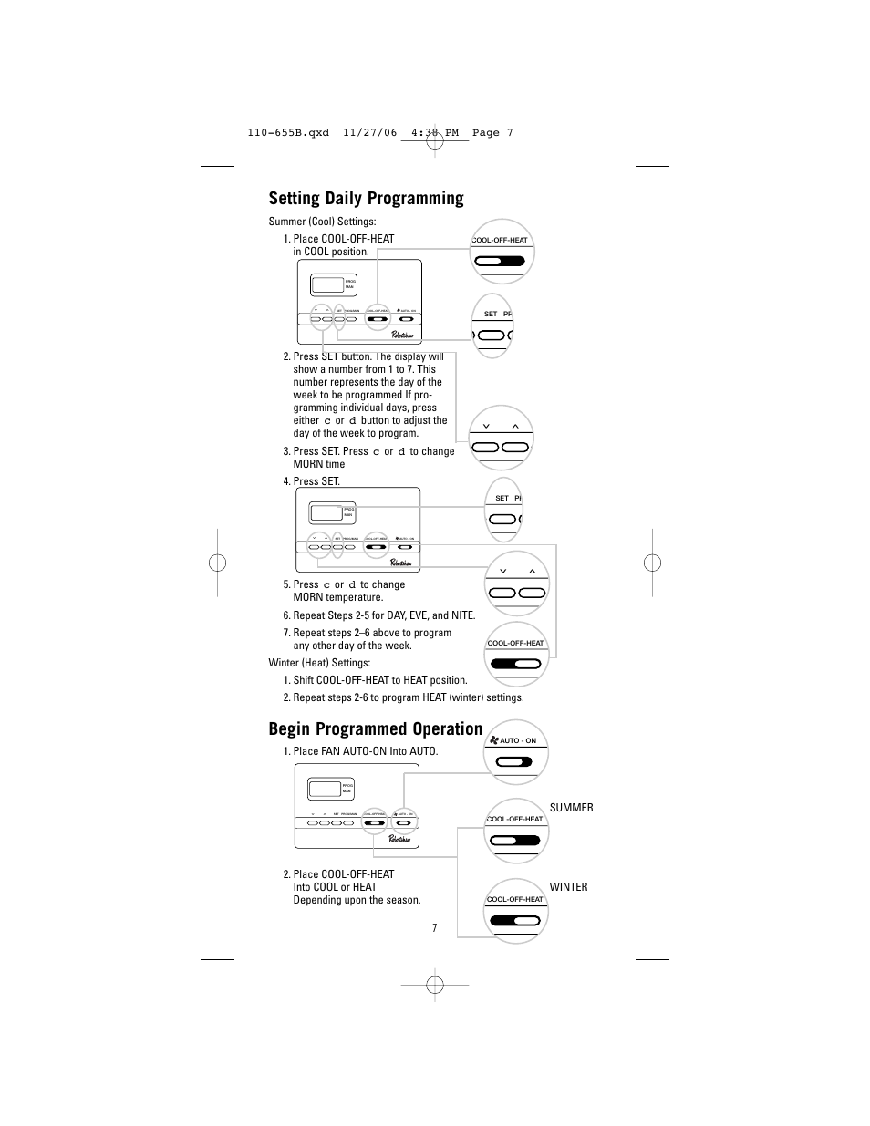 Setting daily programming, Begin programmed operation | Robertshaw 9610 User Manual | Page 7 / 12