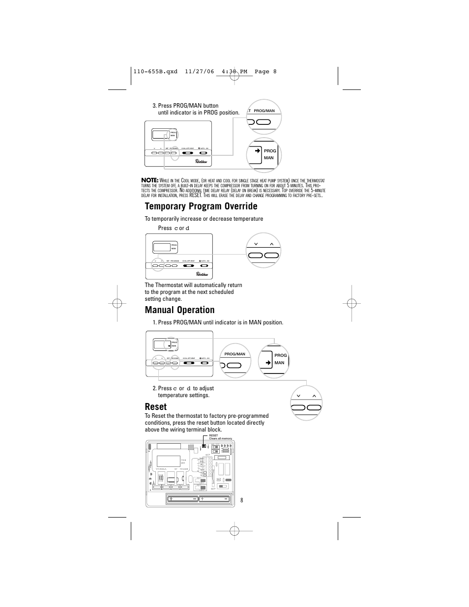 Temporary program override, Manual operation, Reset | Robertshaw 9610 User Manual | Page 8 / 12