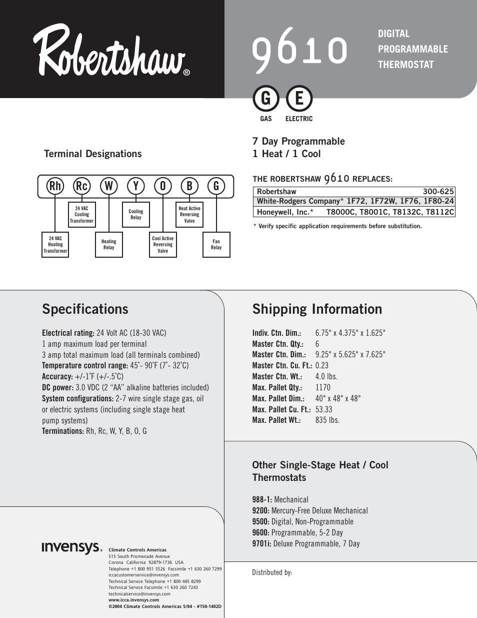 Shipping information, Specifications | Robertshaw 9610 User Manual | Page 2 / 2