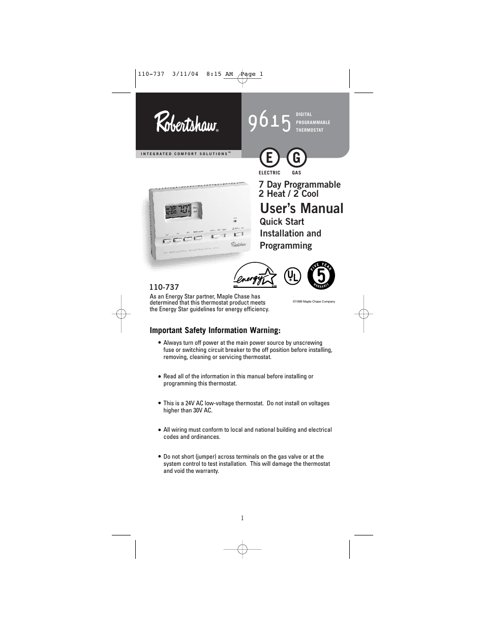 Robertshaw 9615 User Manual | 12 pages