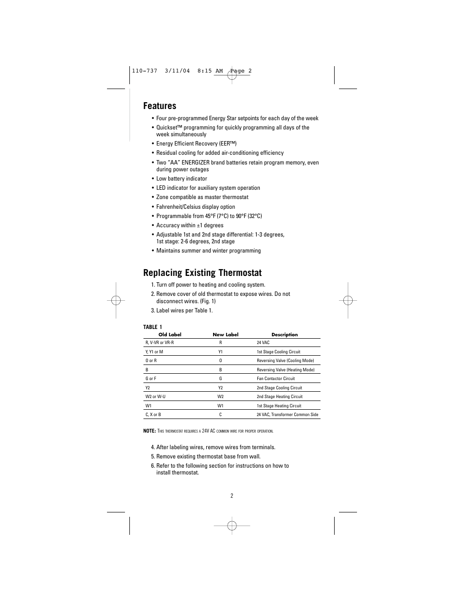 Features, Replacing existing thermostat | Robertshaw 9615 User Manual | Page 2 / 12