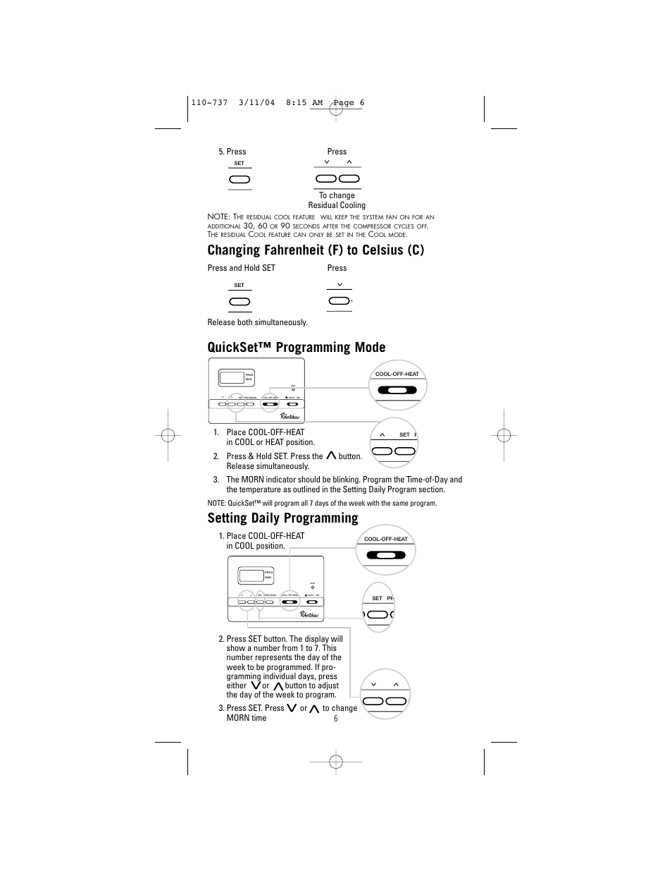 Changing fahrenheit (f) to celsius (c), Quickset™ programming mode, Setting daily programming | Robertshaw 9615 User Manual | Page 6 / 12