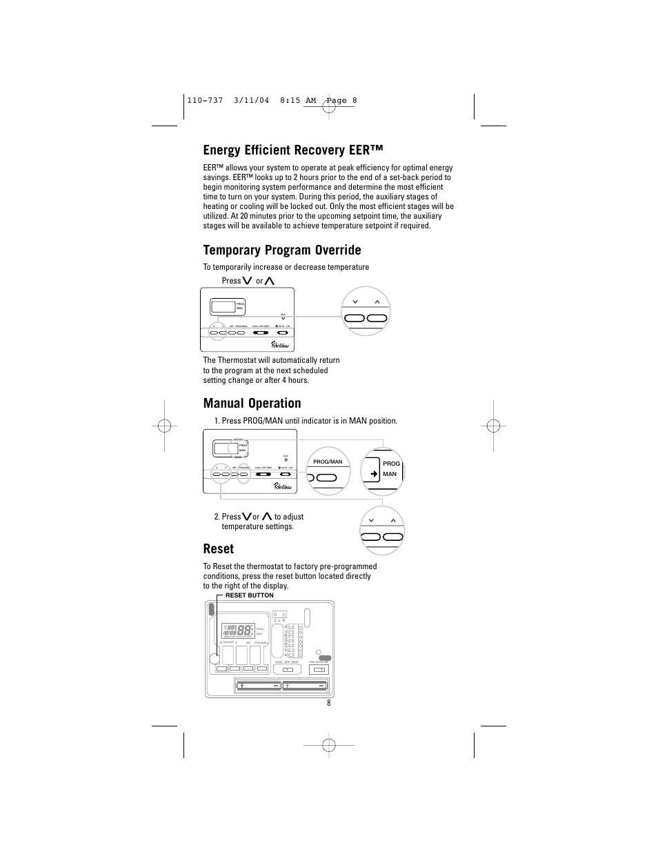 Energy efficient recovery eer, Temporary program override, Manual operation | Reset | Robertshaw 9615 User Manual | Page 8 / 12