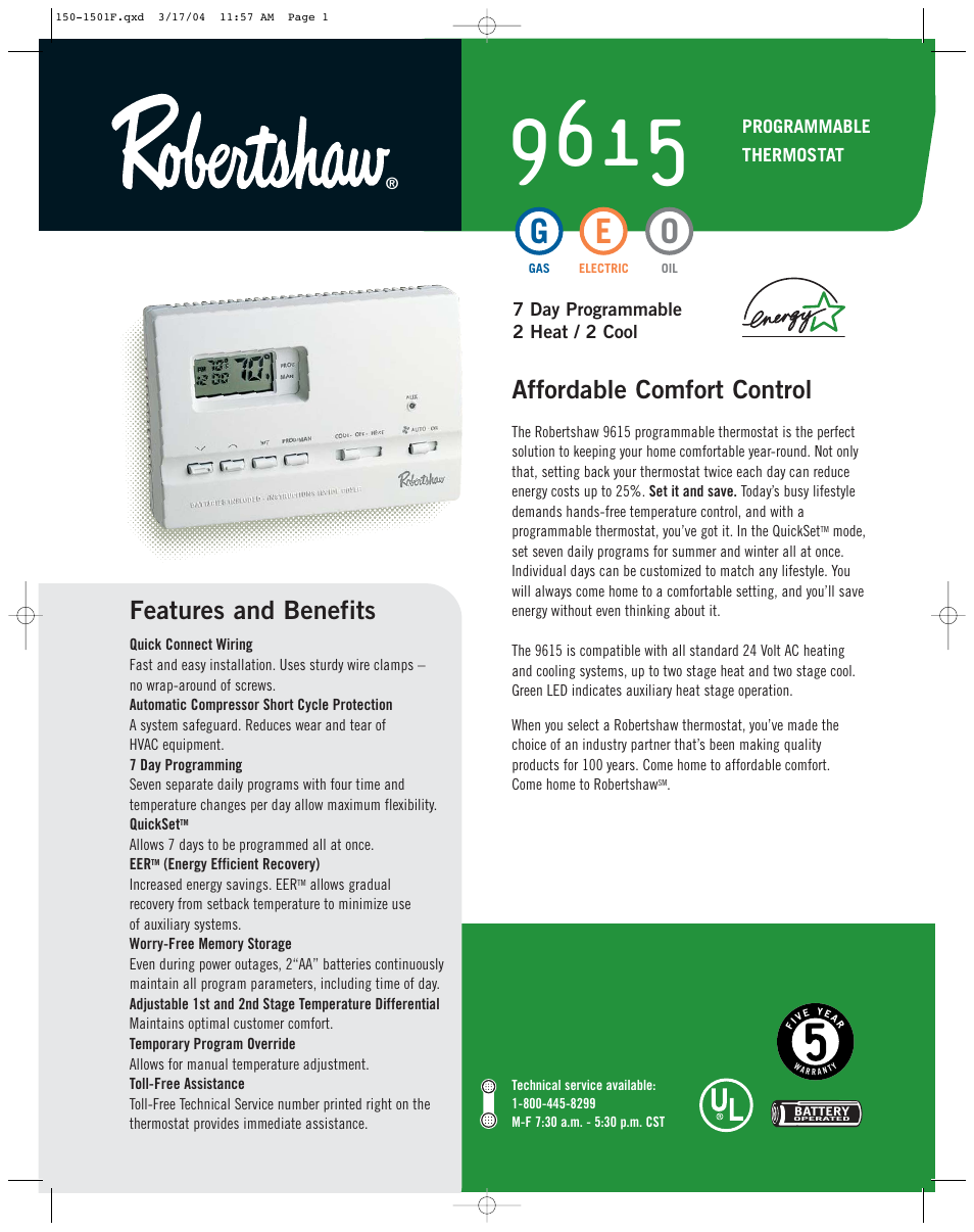 Robertshaw 9615 User Manual | 2 pages