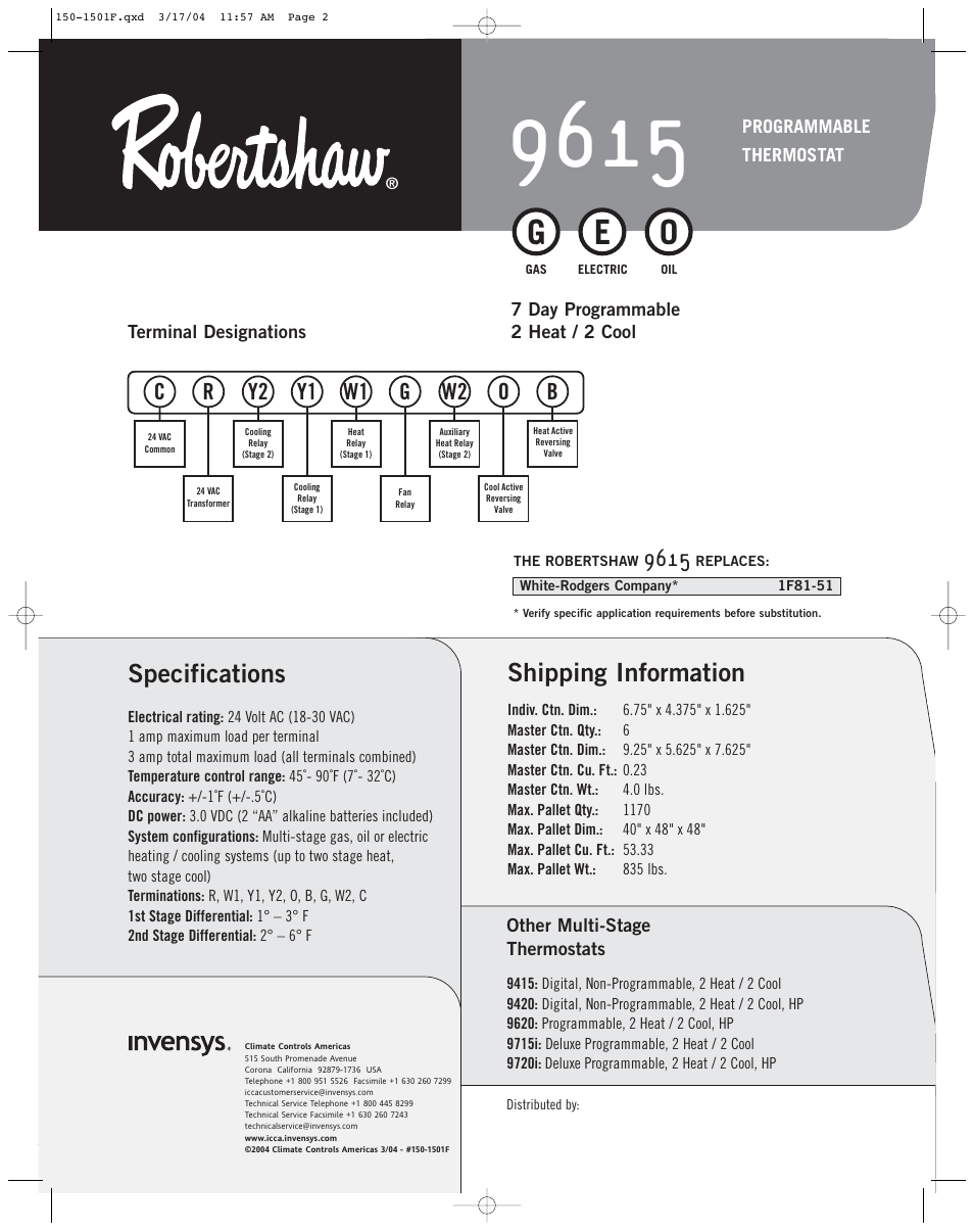 Shipping information, Specifications | Robertshaw 9615 User Manual | Page 2 / 2