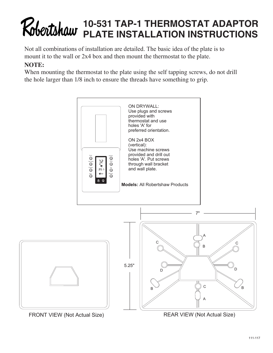 Robertshaw 10-531 TAP-1 Adaptor User Manual | 1 page