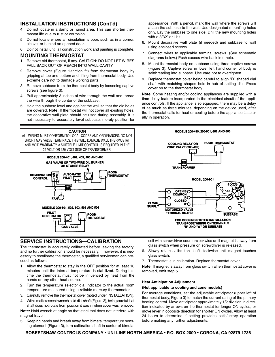 Service instructions—calibration, Installation instructions (cont’d), Mounting thermostat | Robertshaw 200 SERIES User Manual | Page 2 / 2
