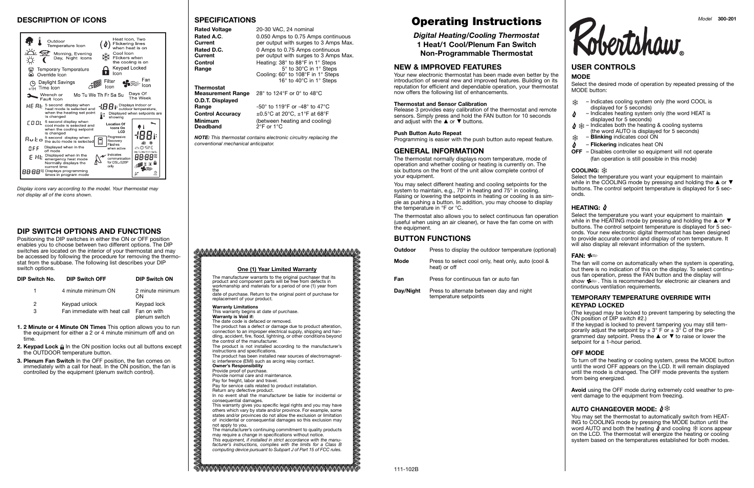 Robertshaw 300-201 User Manual | 2 pages