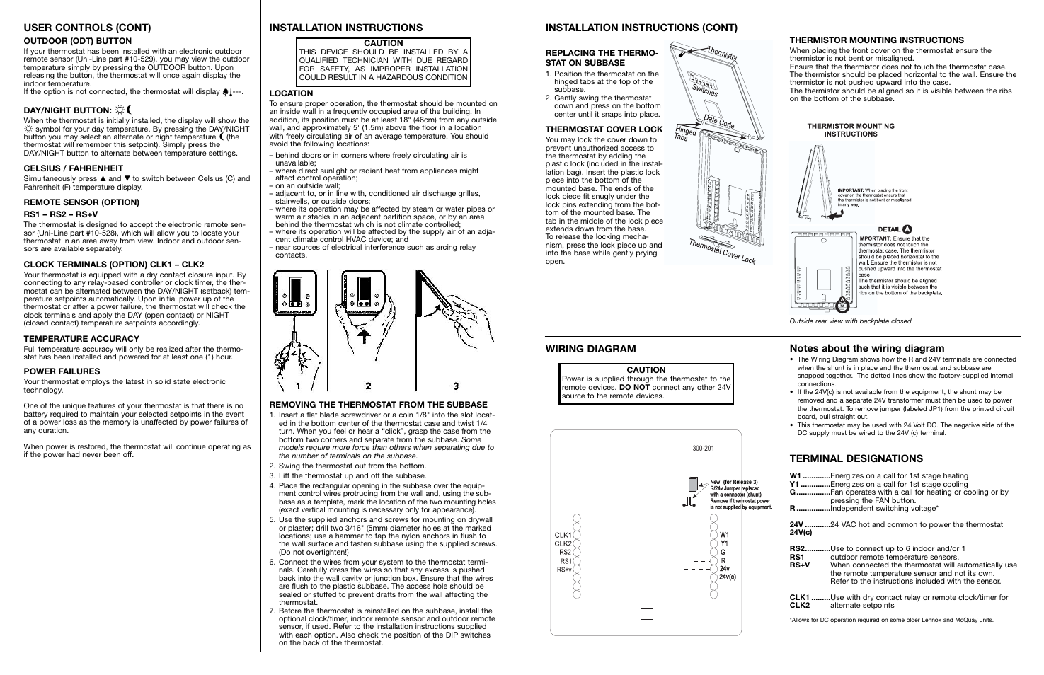 Installation instructions (cont), Terminal designations, User controls (cont) | Installation instructions | Robertshaw 300-201 User Manual | Page 2 / 2