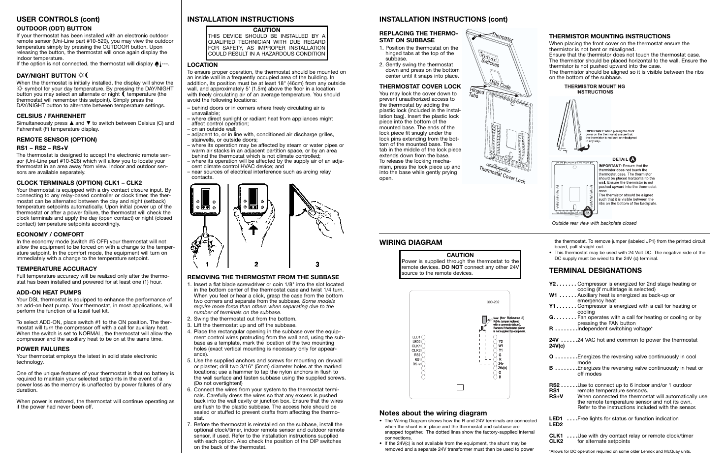 Installation instructions (cont), Terminal designations, User controls (cont) | Installation instructions | Robertshaw 300-202 User Manual | Page 2 / 2