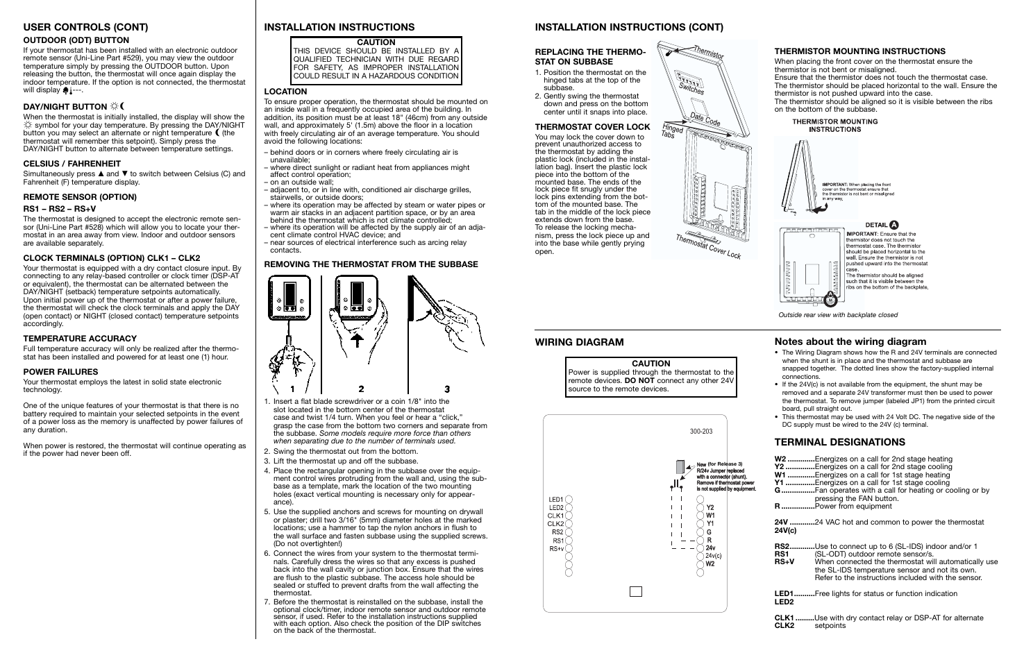 User controls (cont), Installation instructions, Installation instructions (cont) | Terminal designations | Robertshaw 300-203 User Manual | Page 2 / 2