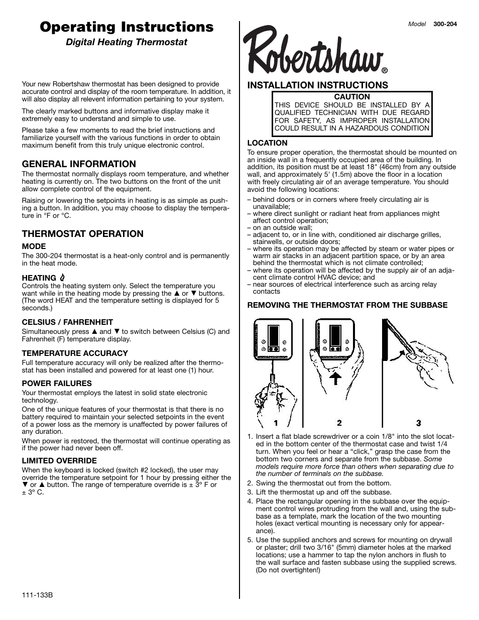 Robertshaw 300-204 User Manual | 2 pages