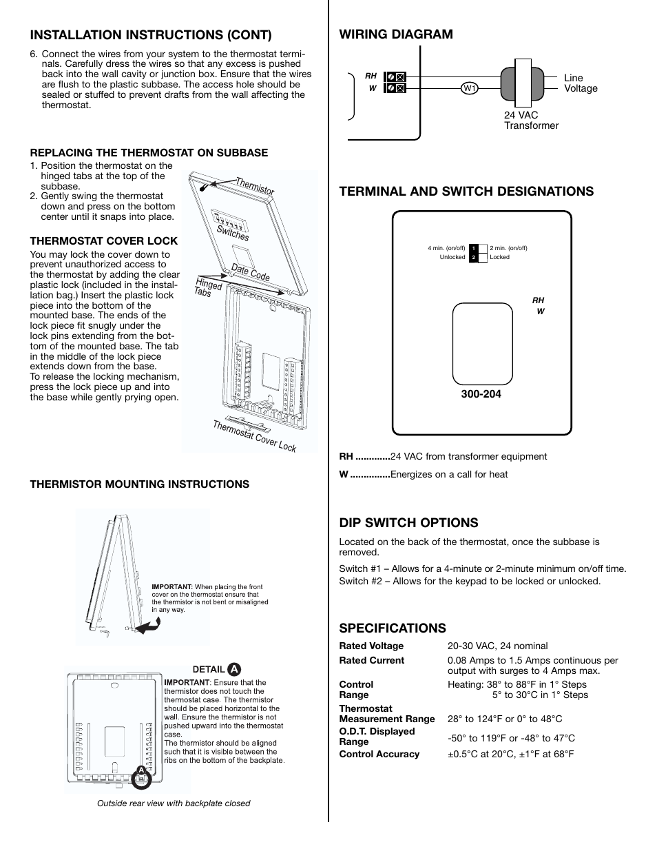 Installation instructions (cont), Wiring diagram terminal and switch designations, Dip switch options | Specifications | Robertshaw 300-204 User Manual | Page 2 / 2