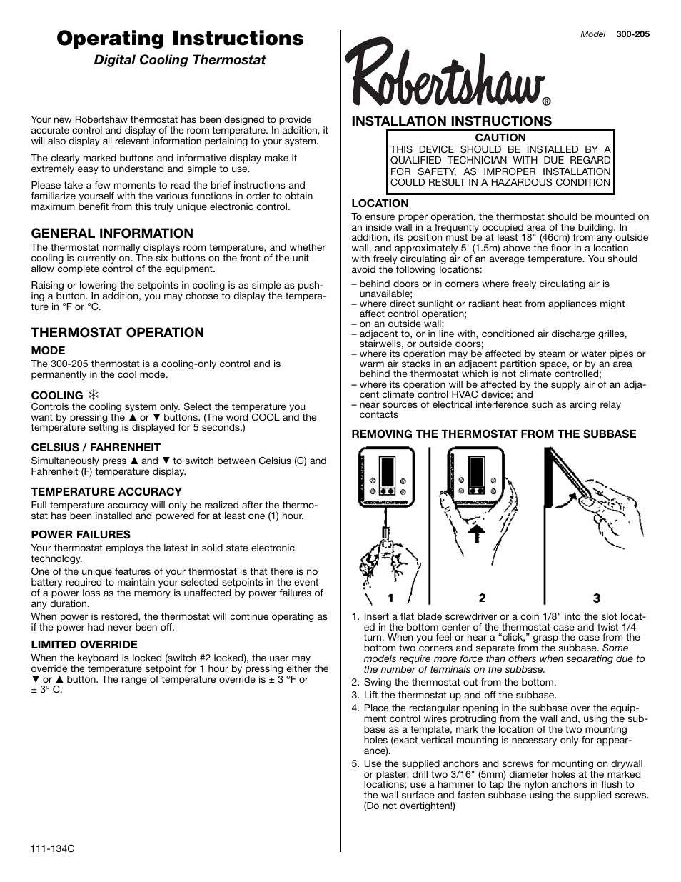 Robertshaw 300-205 User Manual | 2 pages