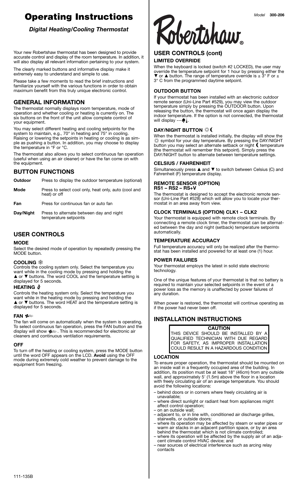 Robertshaw 300-206 User Manual | 2 pages