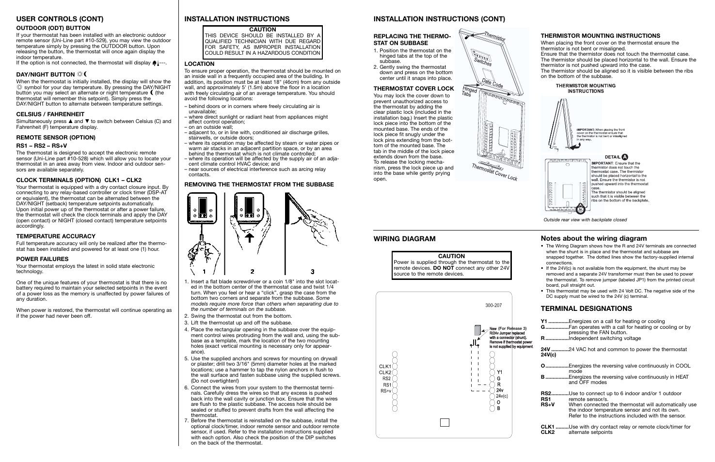 User controls (cont), Installation instructions, Installation instructions (cont) | Terminal designations | Robertshaw 300-207 User Manual | Page 2 / 2