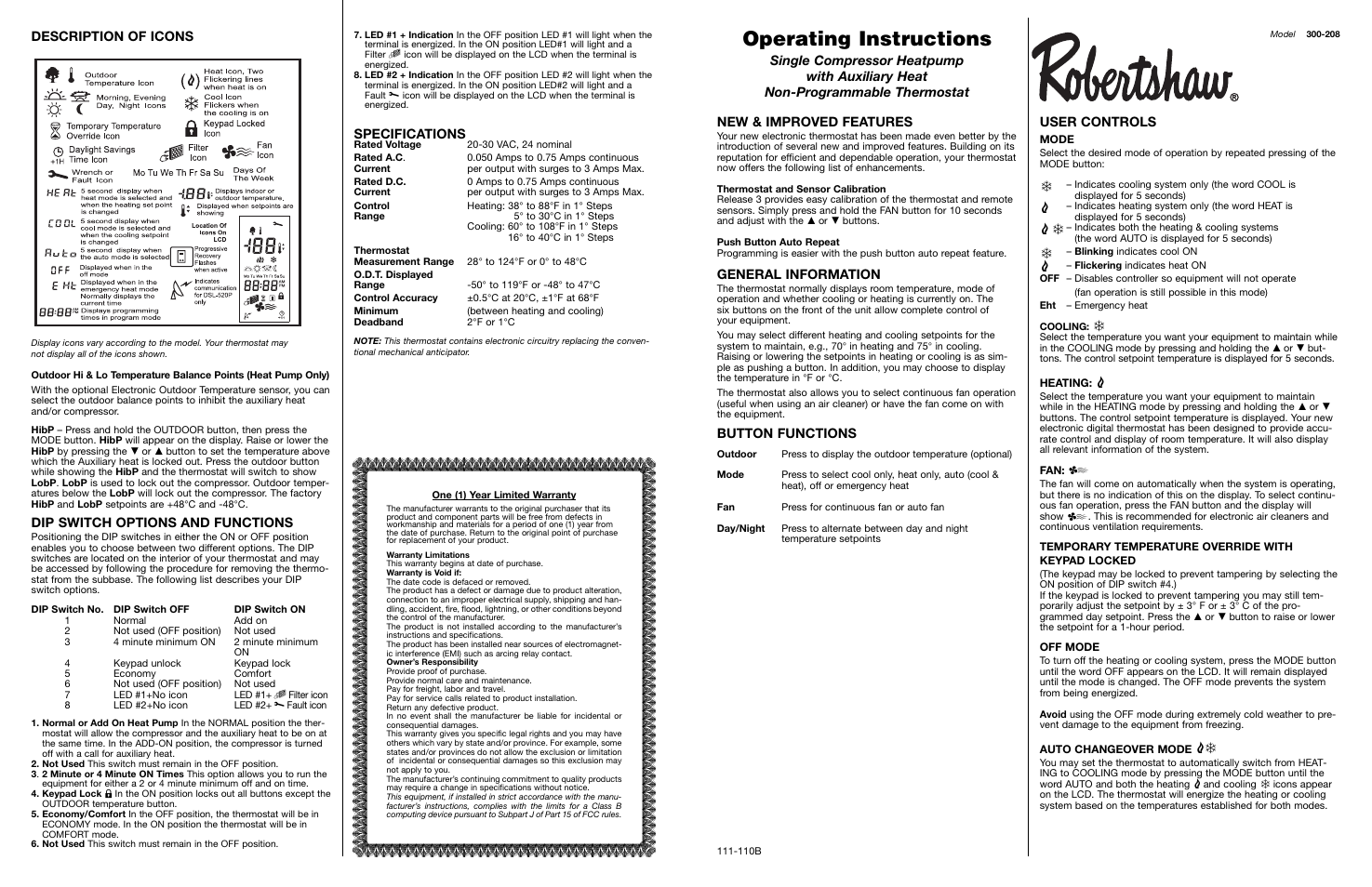 Robertshaw 300-208 User Manual | 2 pages