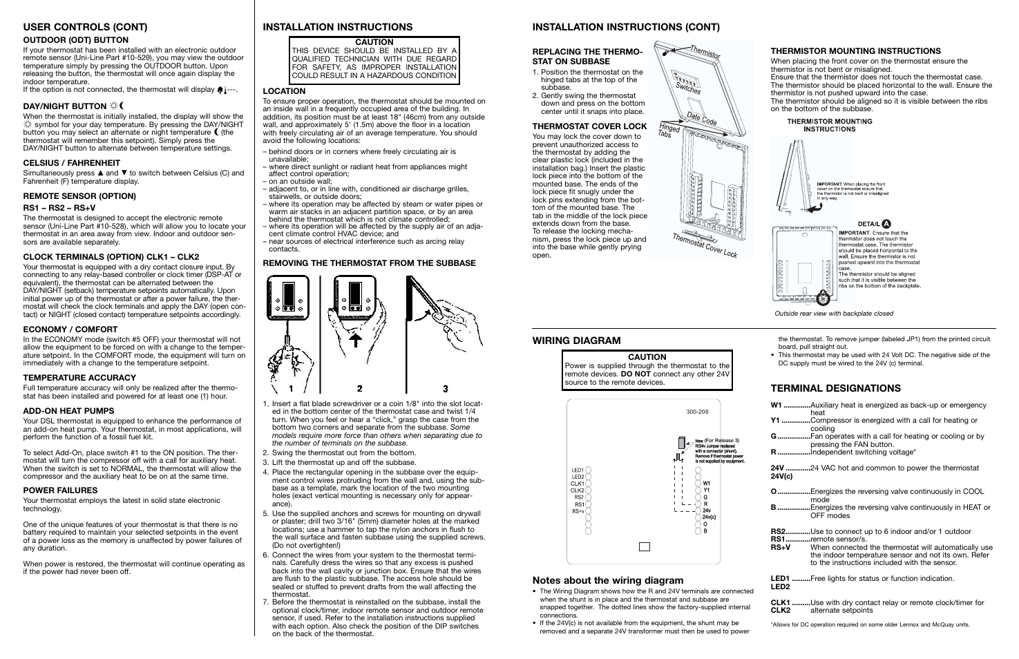 User controls (cont), Installation instructions, Installation instructions (cont) | Terminal designations | Robertshaw 300-208 User Manual | Page 2 / 2