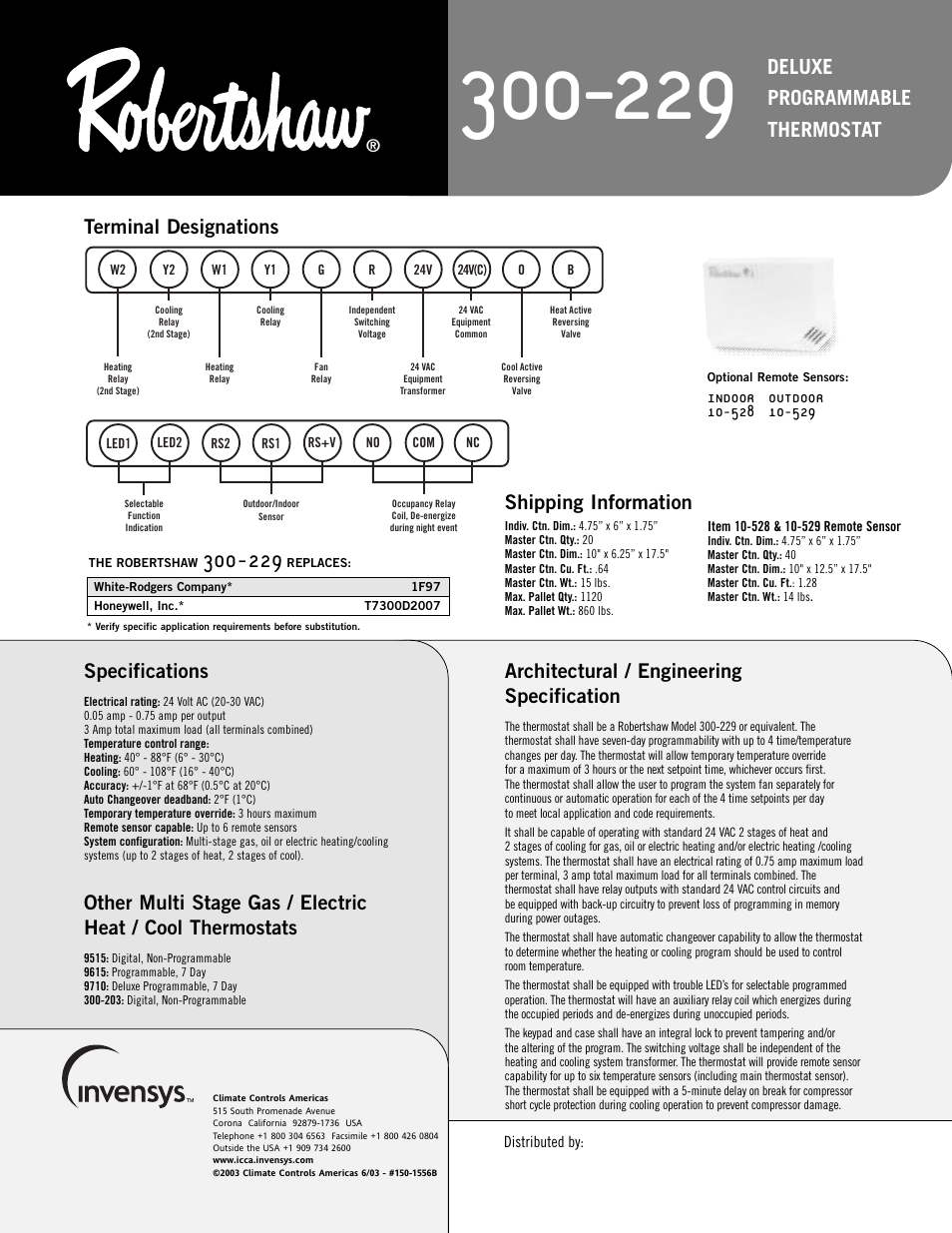 Terminal designations specifications, Architectural / engineering specification, Shipping information | Deluxe programmable thermostat | Robertshaw 300-229 User Manual | Page 2 / 2