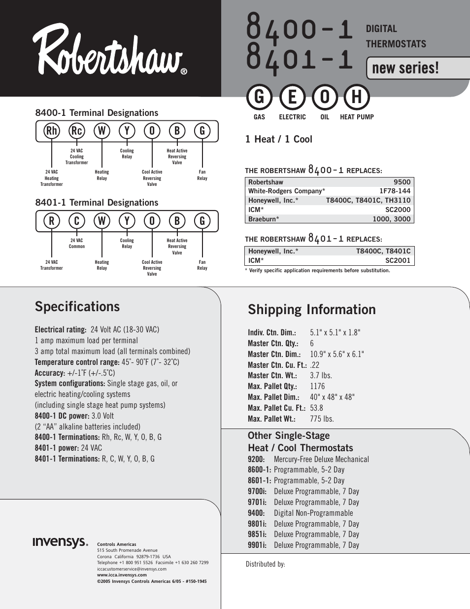 New series, Shipping information, Specifications | Robertshaw 8401-1 User Manual | Page 2 / 2