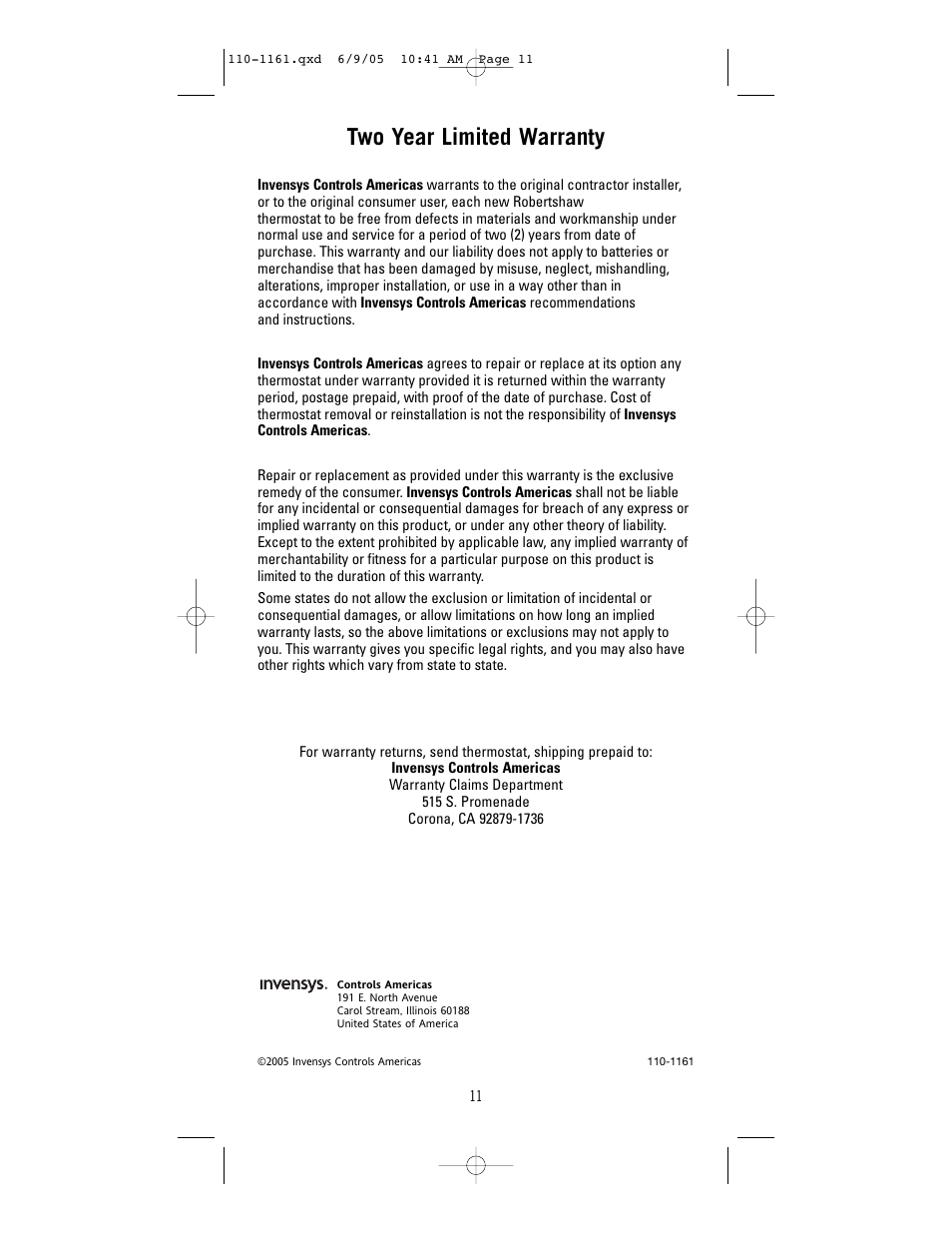 Two year limited warranty | Robertshaw 8405-1 User Manual | Page 11 / 12