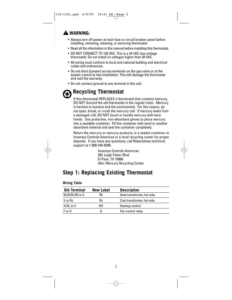 Recycling thermostat, Step 1: replacing existing thermostat, Warning | Robertshaw 8405-1 User Manual | Page 2 / 12