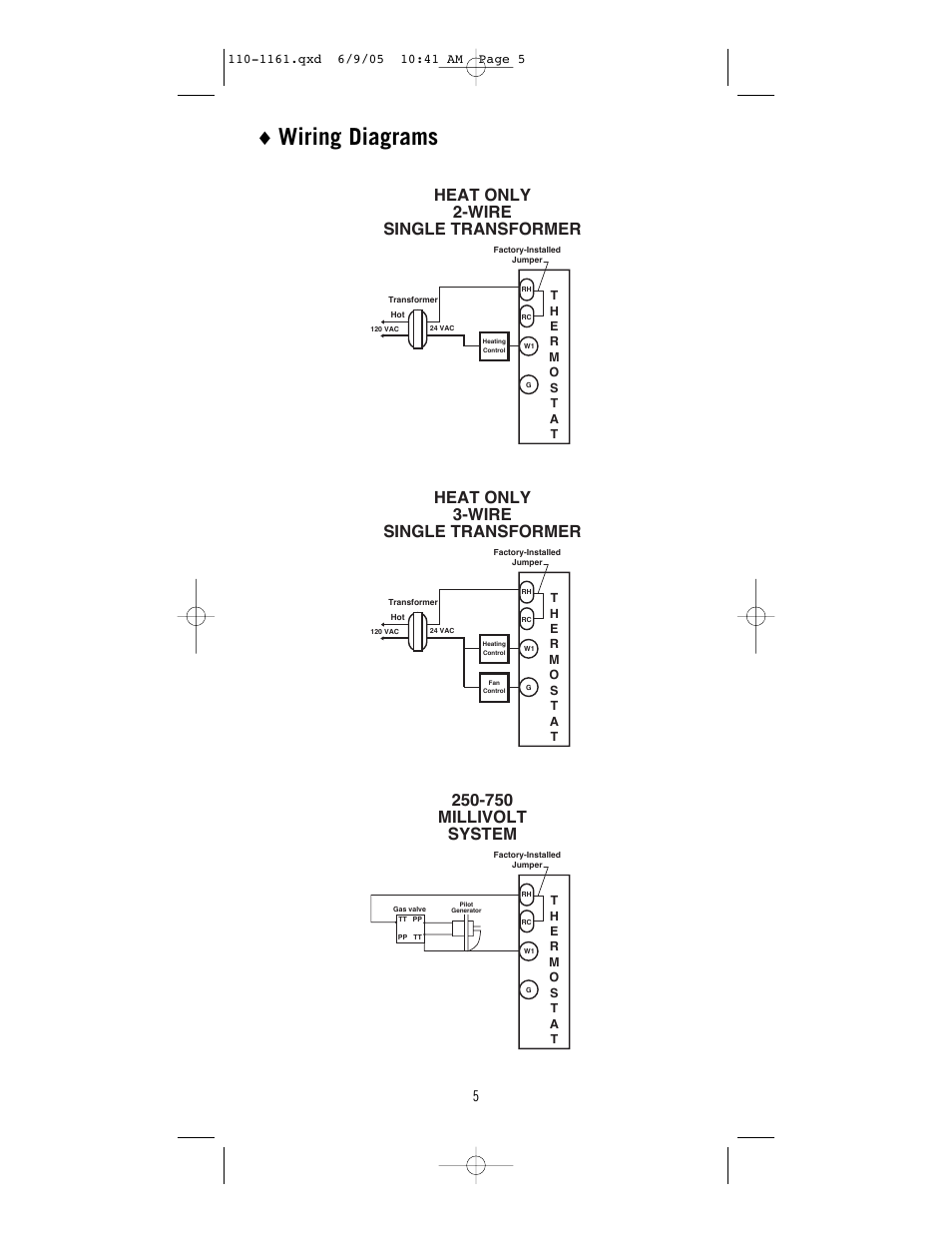 Wiring diagrams, Heat only single transformer 2-wire, Heat only single transformer 3-wire | 750 system millivolt | Robertshaw 8405-1 User Manual | Page 5 / 12