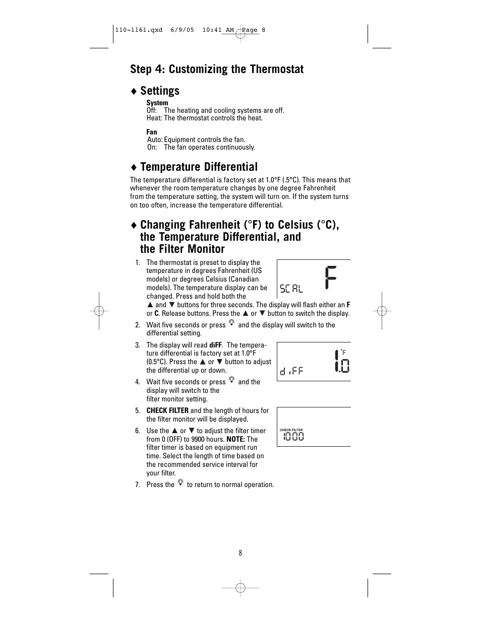 Step 4: customizing the thermostat, Settings, Temperature differential | Robertshaw 8405-1 User Manual | Page 8 / 12