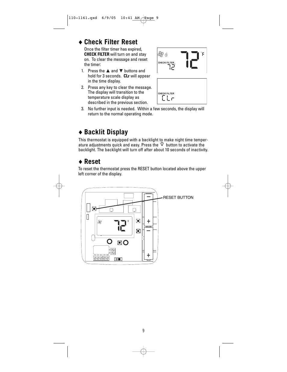 Check filter reset, Backlit display, Reset | Robertshaw 8405-1 User Manual | Page 9 / 12
