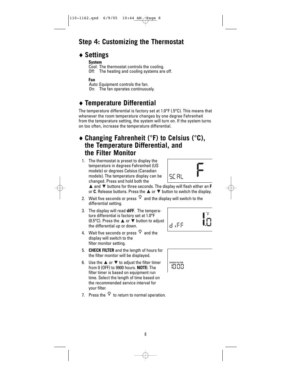 Step 4: customizing the thermostat, Settings, Temperature differential | Robertshaw 8406-1 User Manual | Page 8 / 12