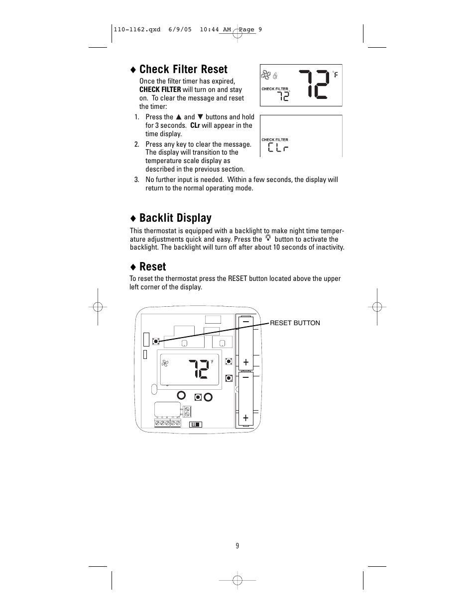 Check filter reset, Backlit display, Reset | Robertshaw 8406-1 User Manual | Page 9 / 12