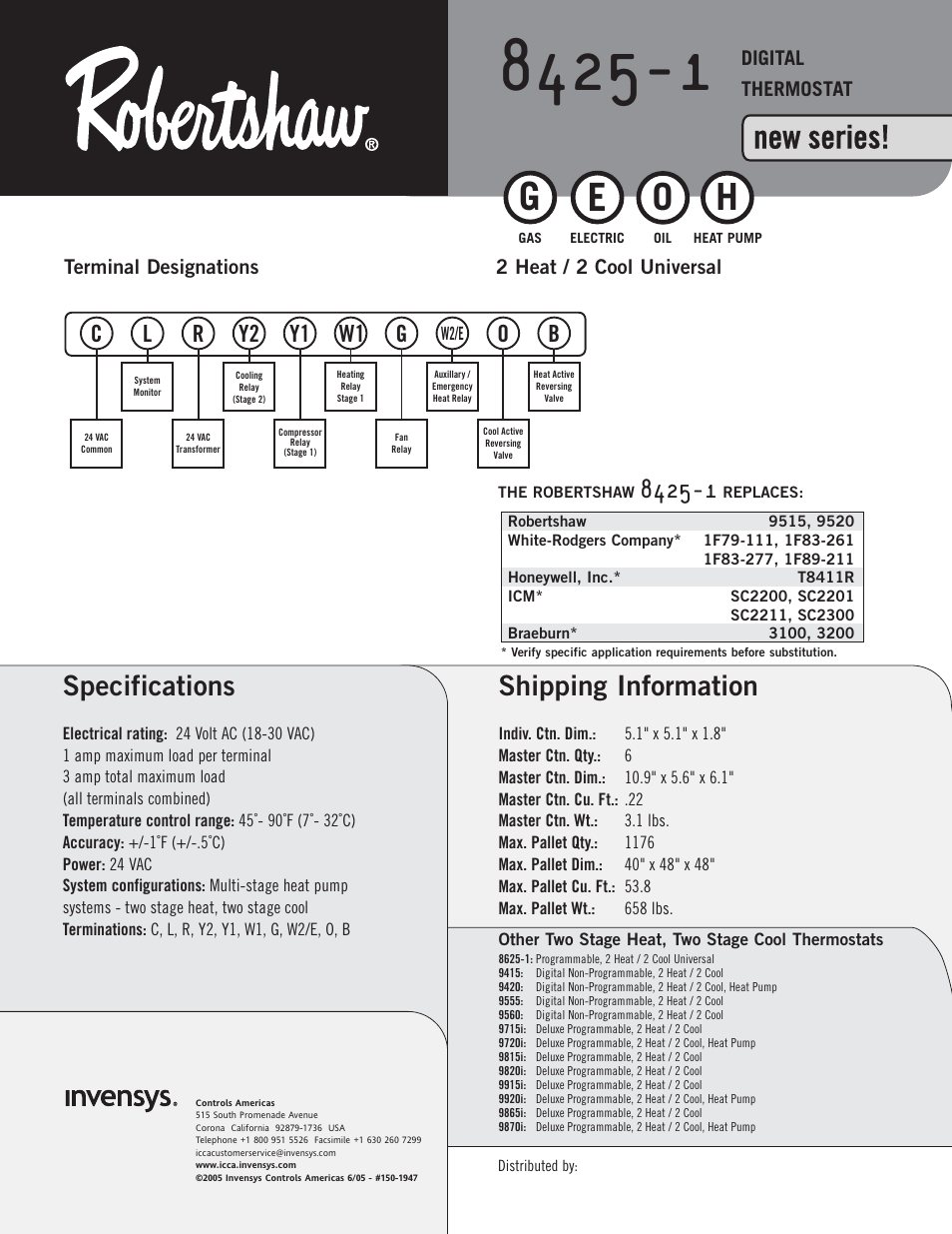 New series, Shipping information, Specifications | Robertshaw 8425-1 User Manual | Page 2 / 2