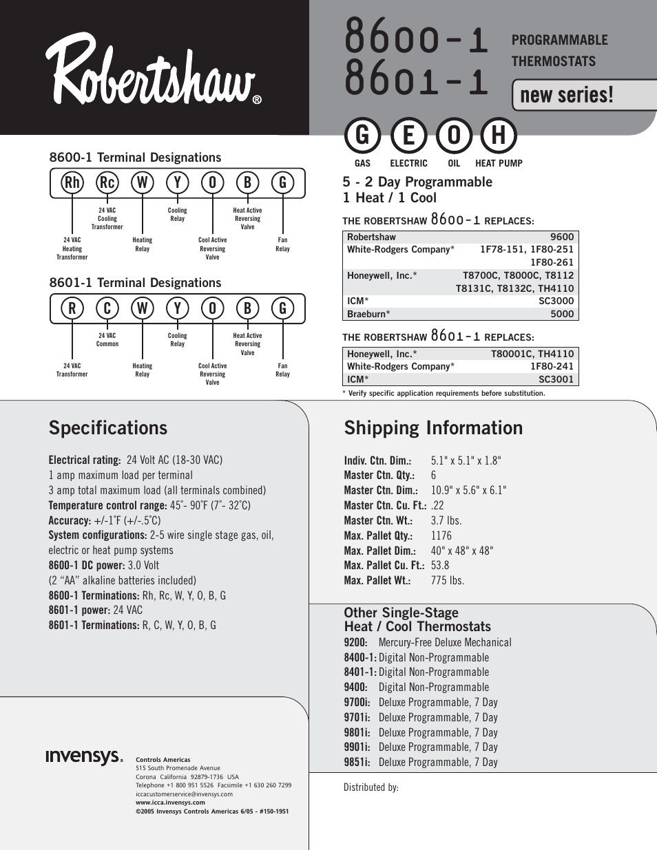 New series, Shipping information, Specifications | Robertshaw 8600-1 User Manual | Page 2 / 2