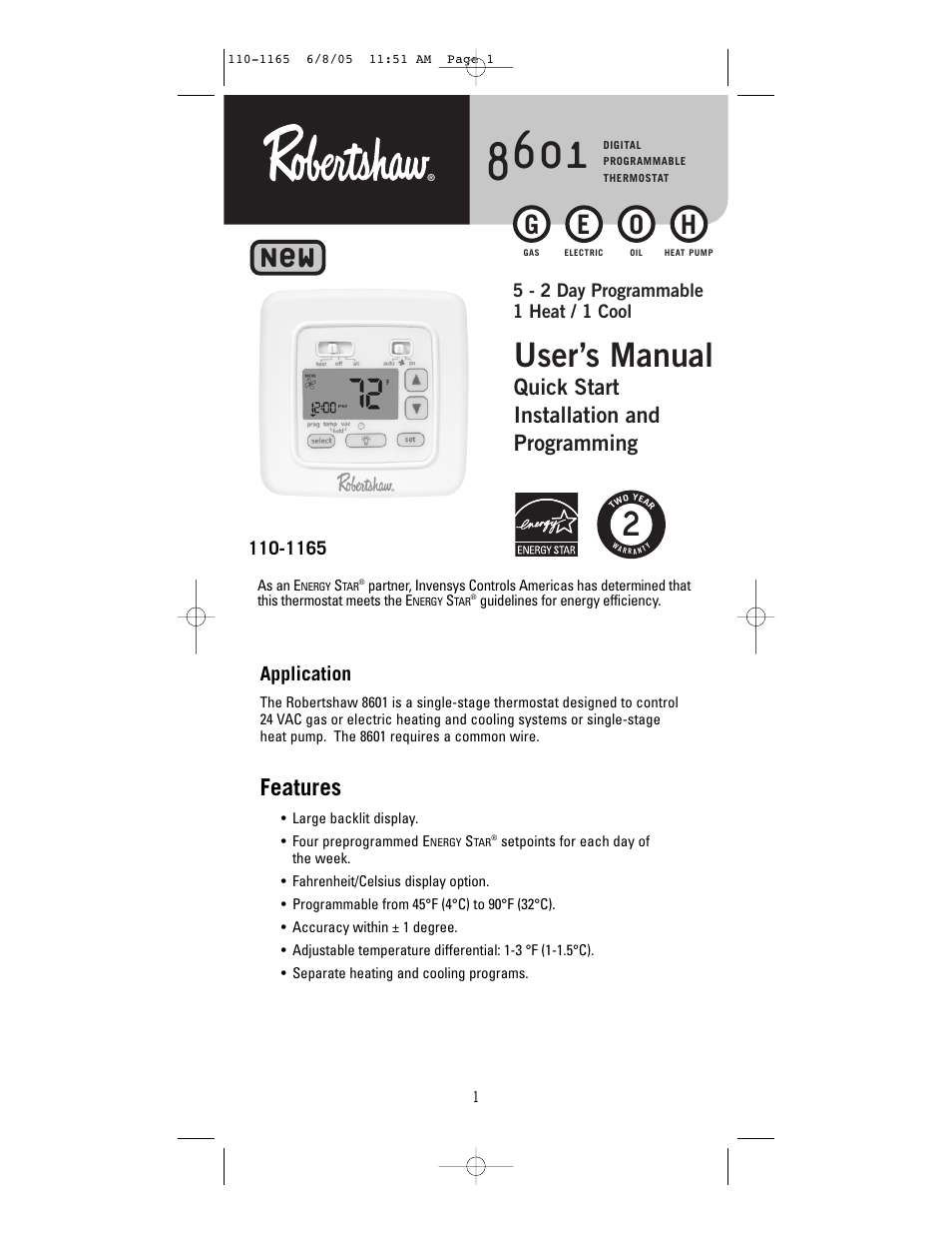 Robertshaw 8601-1 User Manual | 12 pages