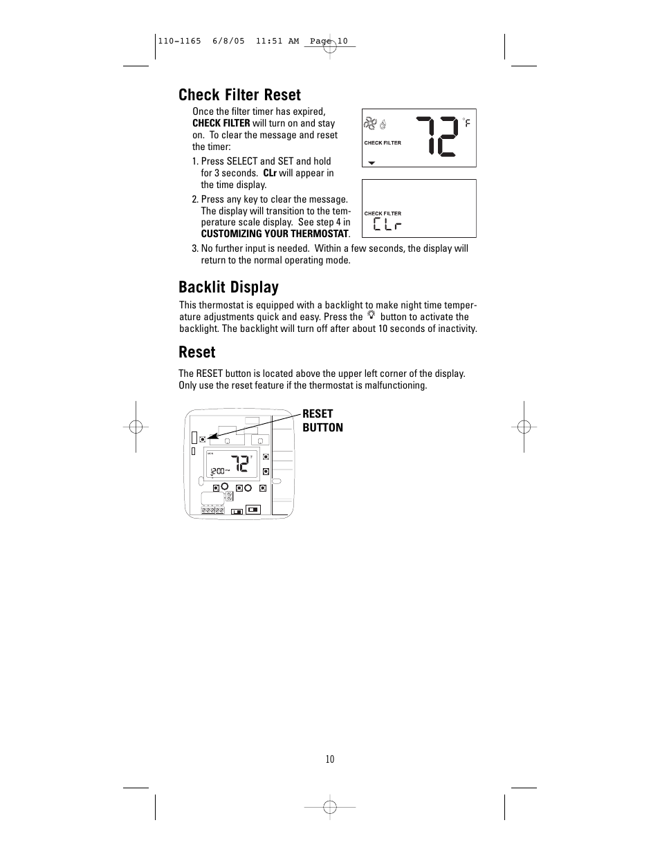 Check filter reset, Backlit display, Reset | Reset button | Robertshaw 8601-1 User Manual | Page 10 / 12