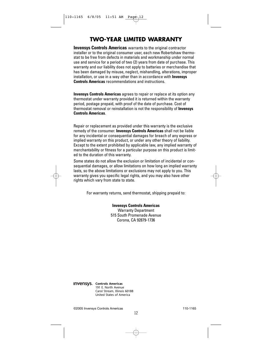 Two-year limited warranty | Robertshaw 8601-1 User Manual | Page 12 / 12