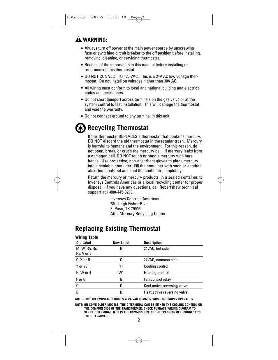 Recycling thermostat, Replacing existing thermostat, Warning | Robertshaw 8601-1 User Manual | Page 2 / 12