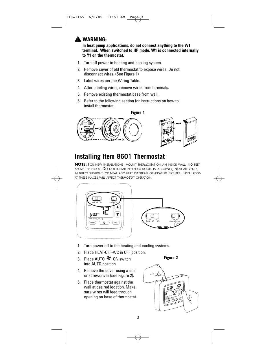 Installing item 8601 thermostat, Warning, Figure 2 | Robertshaw 8601-1 User Manual | Page 3 / 12